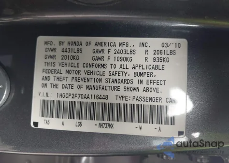 2010 Honda Accord 2.4 Ex from USA, damaged, VIN 1HGCP2F70AA116448